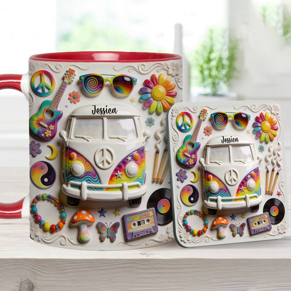 Amour, Espoir, Paix - Mug et sous-verre personnalisés style hippie