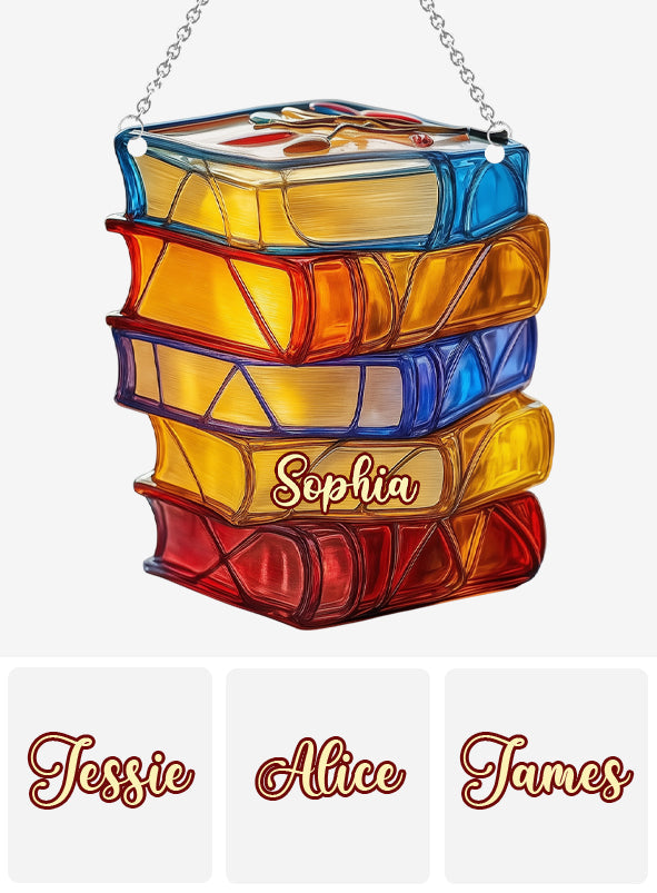 Livres empilés en vitrail - Ornement attrape-soleil personnalisé à suspendre à une fenêtre en forme de livre 