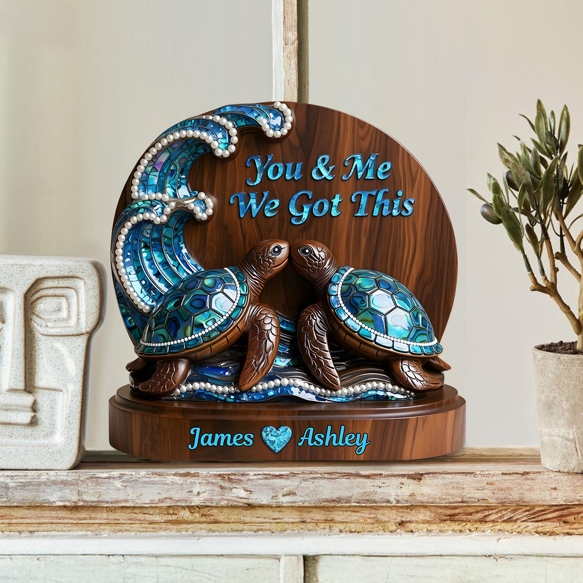 You & Me We Got This, Mother Of Pearl Styled Turtle Couple - Personalized Couple Custom Shaped Wood Plaque