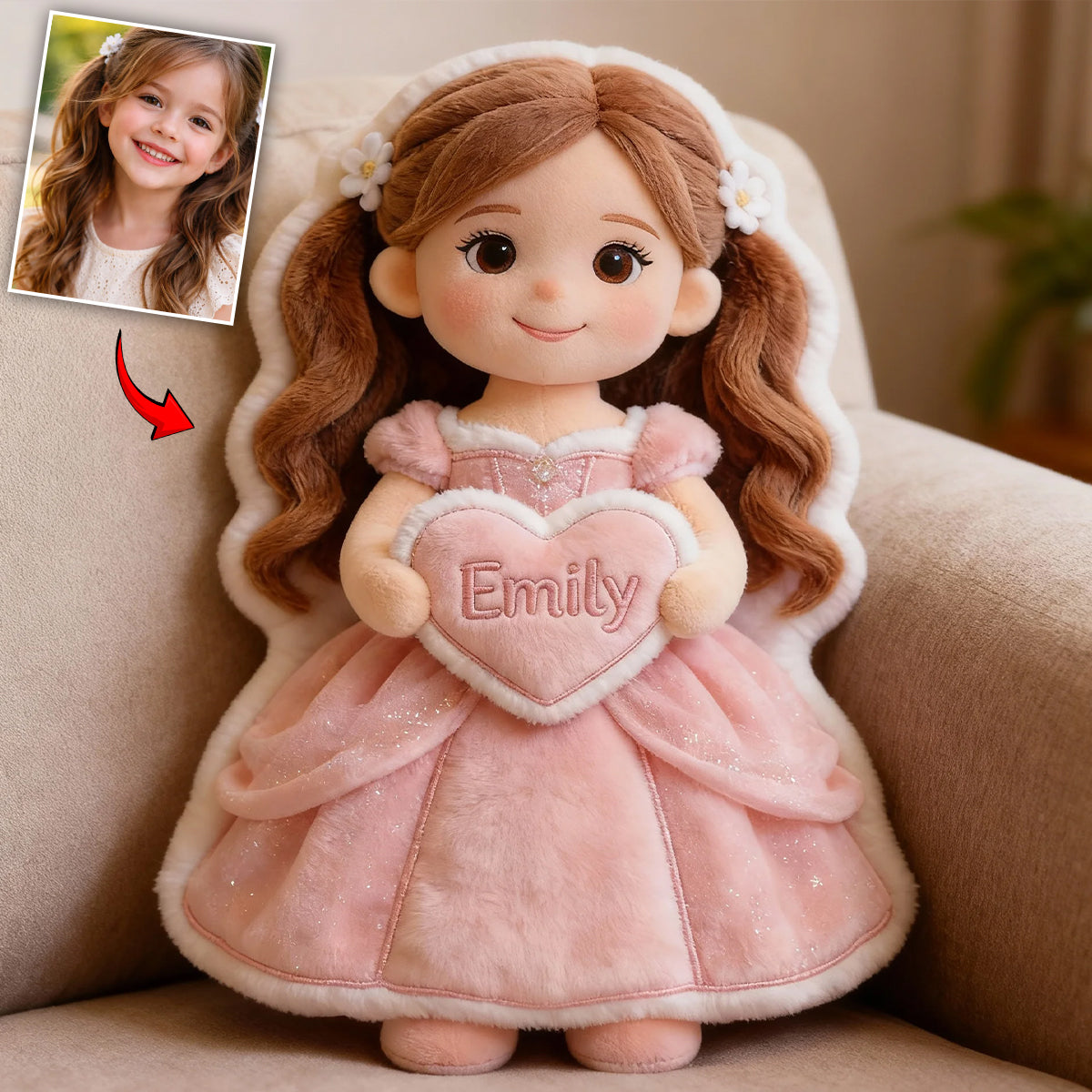 Personalisiertes Kissen in Form einer wunderschönen Prinzessin mit Foto – aus Kunstfell.