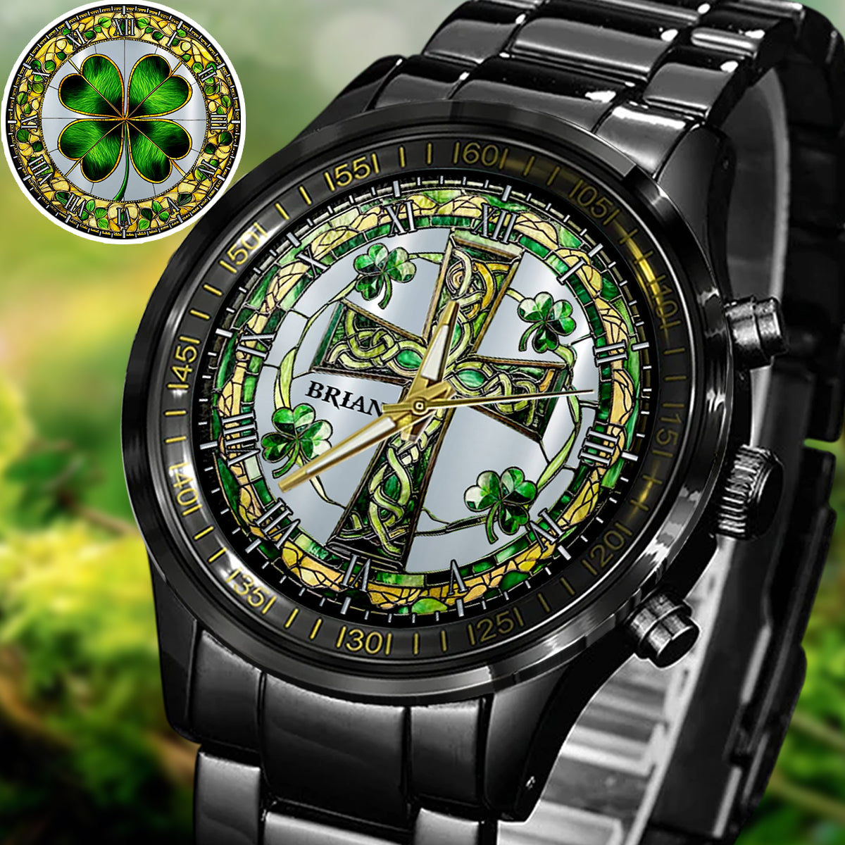 Keltisches Kreuz mit Kleeblatt – Personalisierte irische Armbanduhr