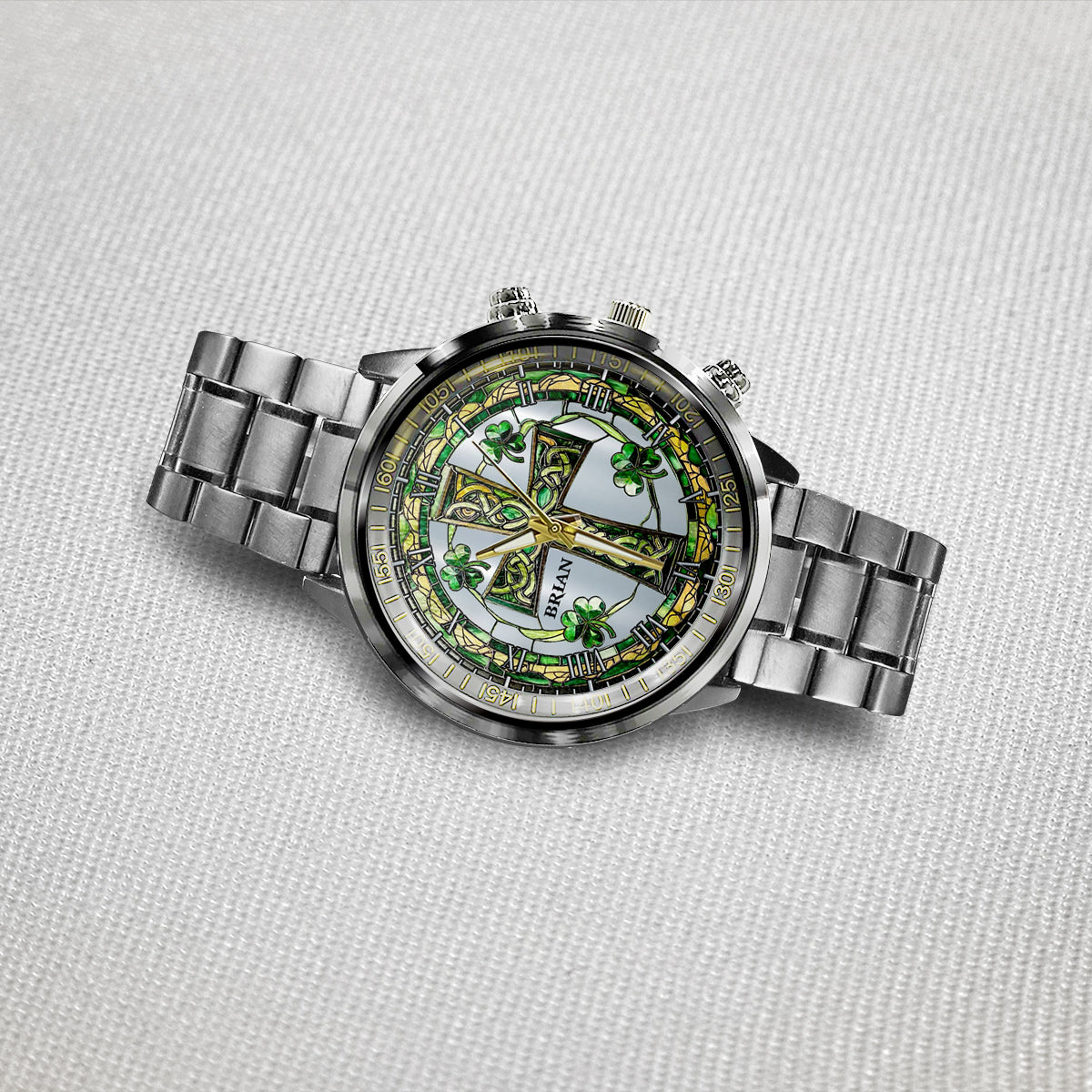 Keltisches Kreuz mit Kleeblatt – Personalisierte irische Armbanduhr
