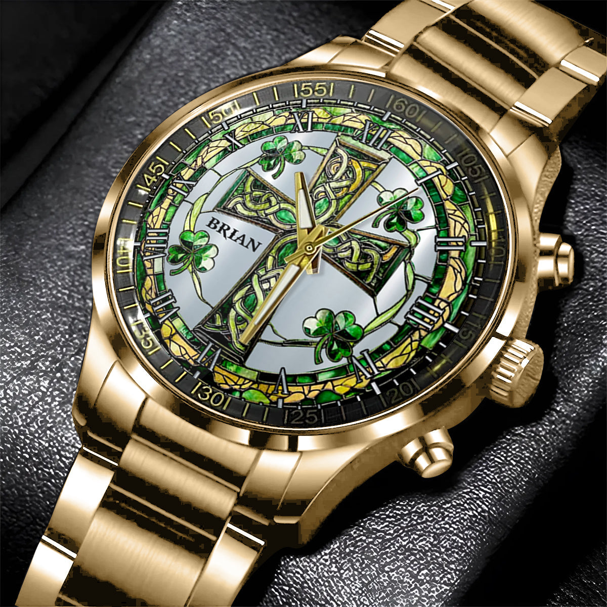 Keltisches Kreuz mit Kleeblatt – Personalisierte irische Armbanduhr
