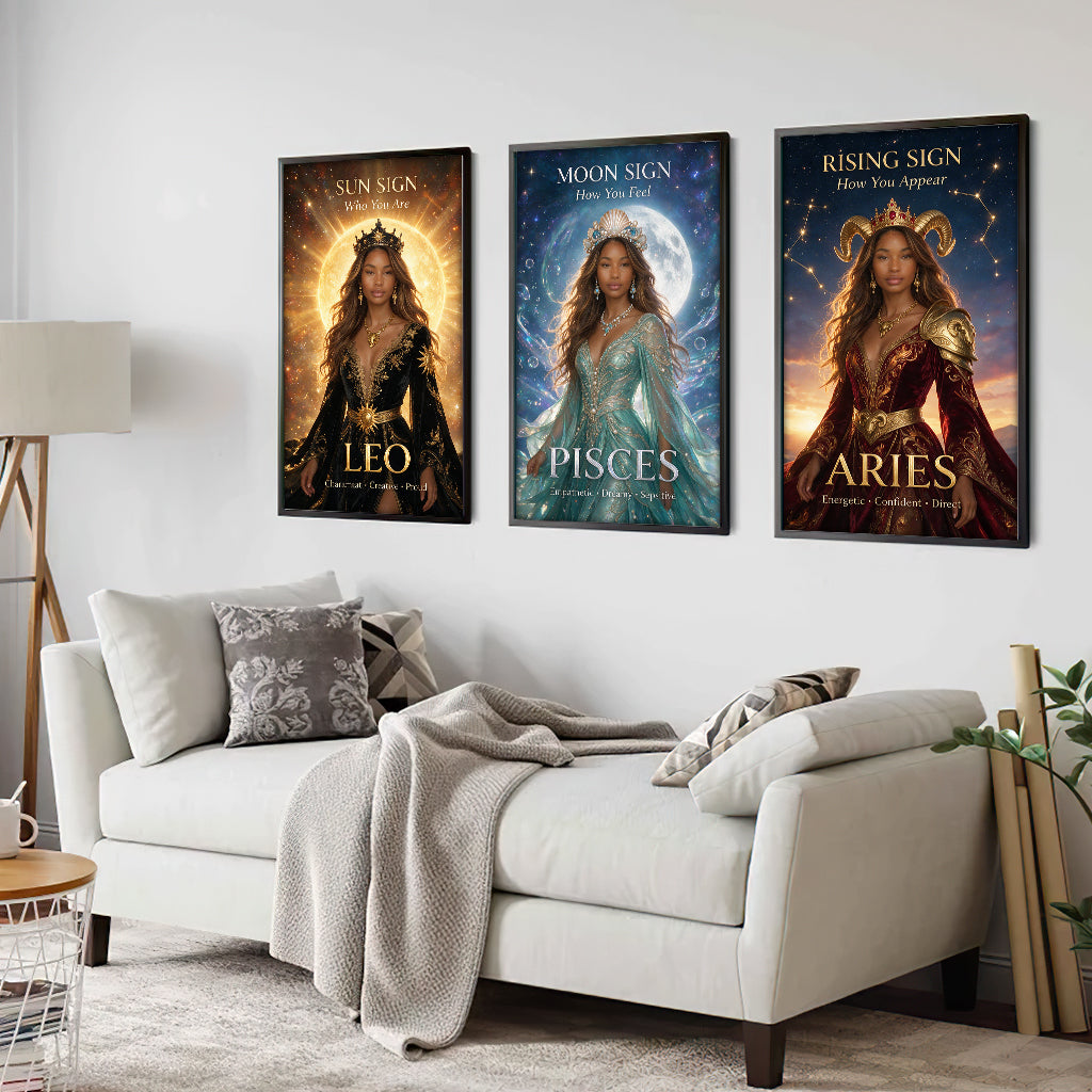 Personalisierte Sonne, Mond & Aszendent Zeichen - Horoskop Poster & Leinwand Set