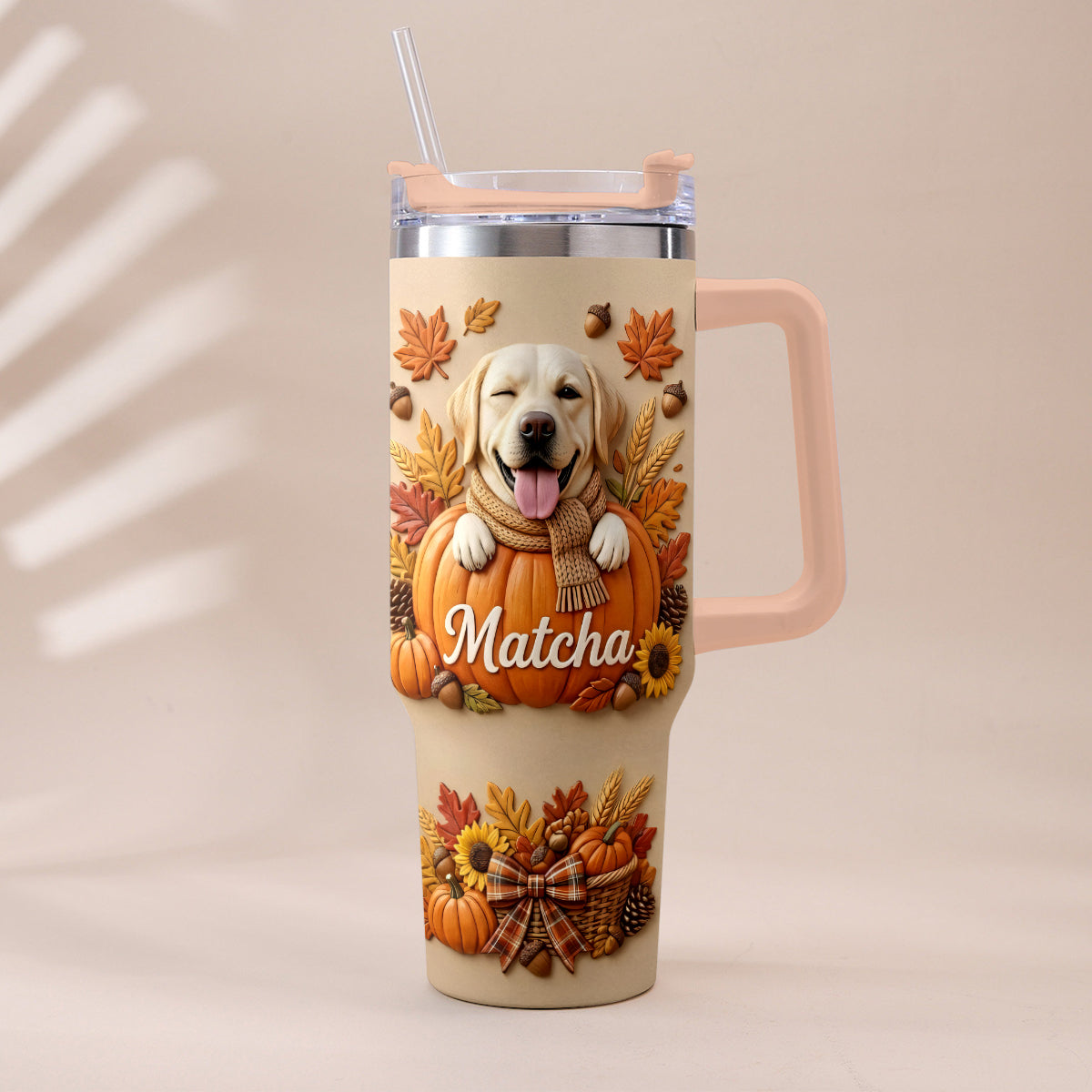 Autumn Snuggles Pumpkin Paws - Personalized Dog Tumbler With Plush Charm
