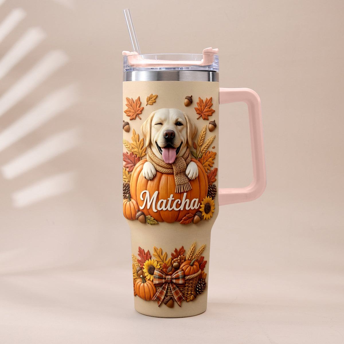Autumn Snuggles Pumpkin Paws - Personalized Dog Tumbler With Plush Charm