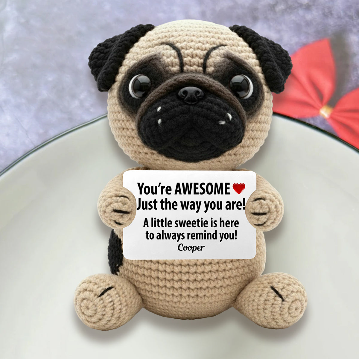 Tu es génial(e) tel(le) que tu es, citations positives - Figurine de chien tricotée à la main et personnalisée