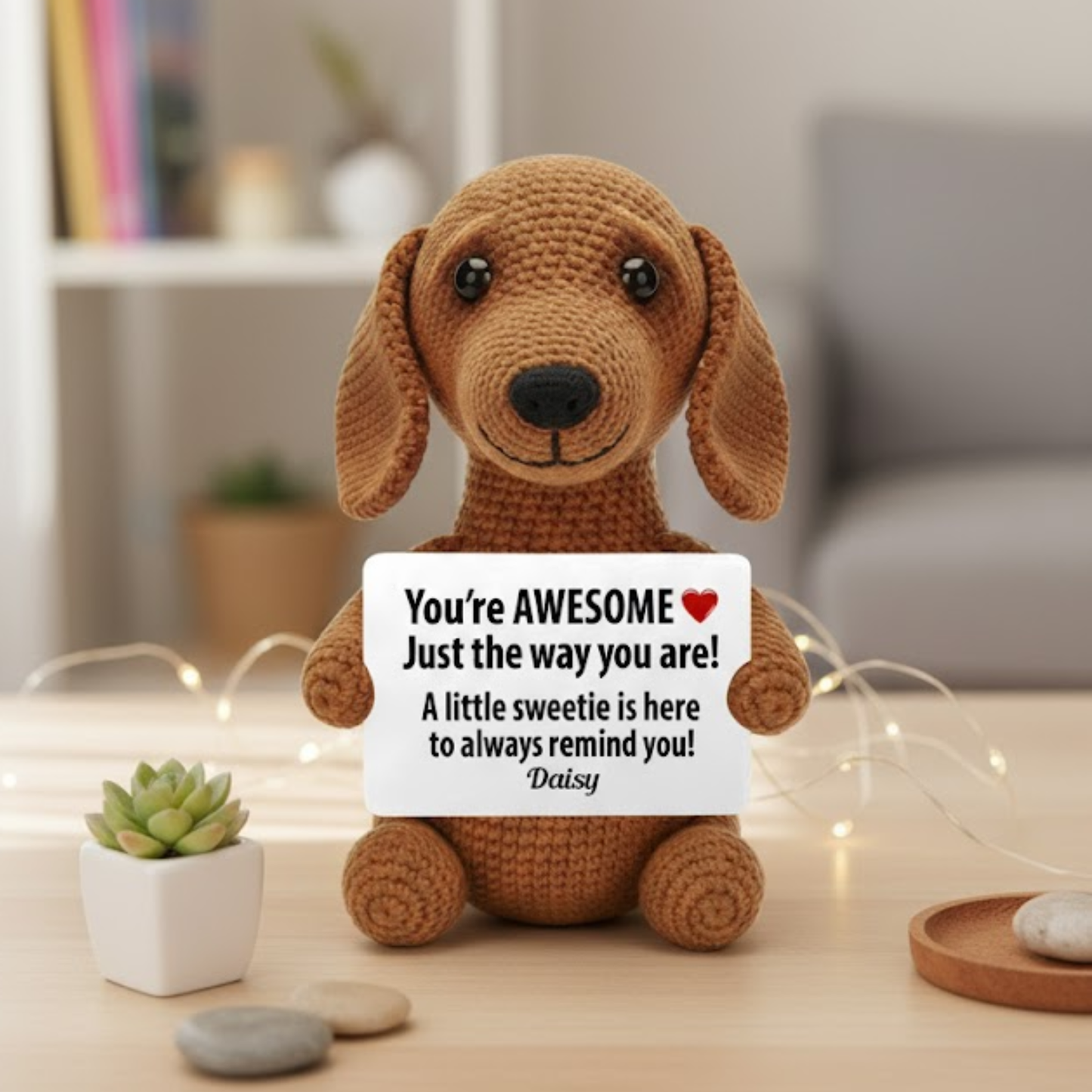 Tu es génial(e) tel(le) que tu es, citations positives - Figurine de chien tricotée à la main et personnalisée