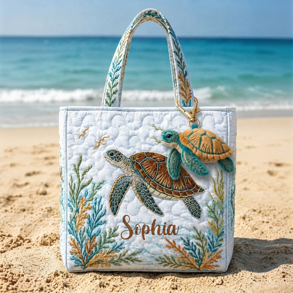 Sea Turtle Set Bag With Charm - Personalized Turtle Quilted Tote Bag With Plush Charm