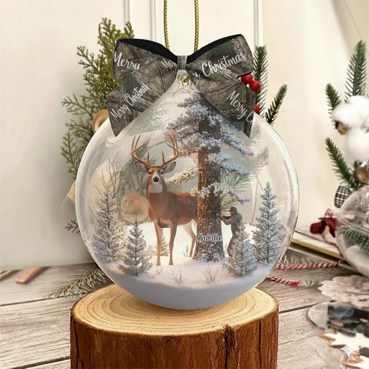 Cadeau de Noël pour les chasseurs : Boule à neige personnalisée sur le thème de la chasse avec arc