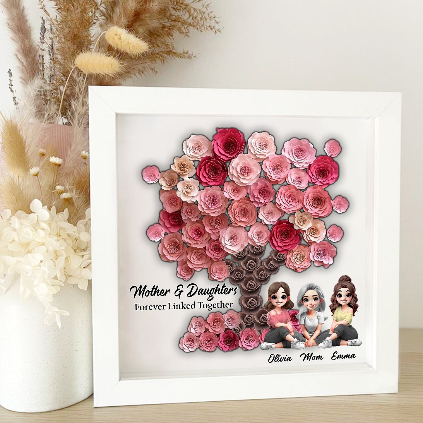 Mother and Daughter Forever Linked Together - Personalized Mother Custom Shaped Flower Shadow Box
