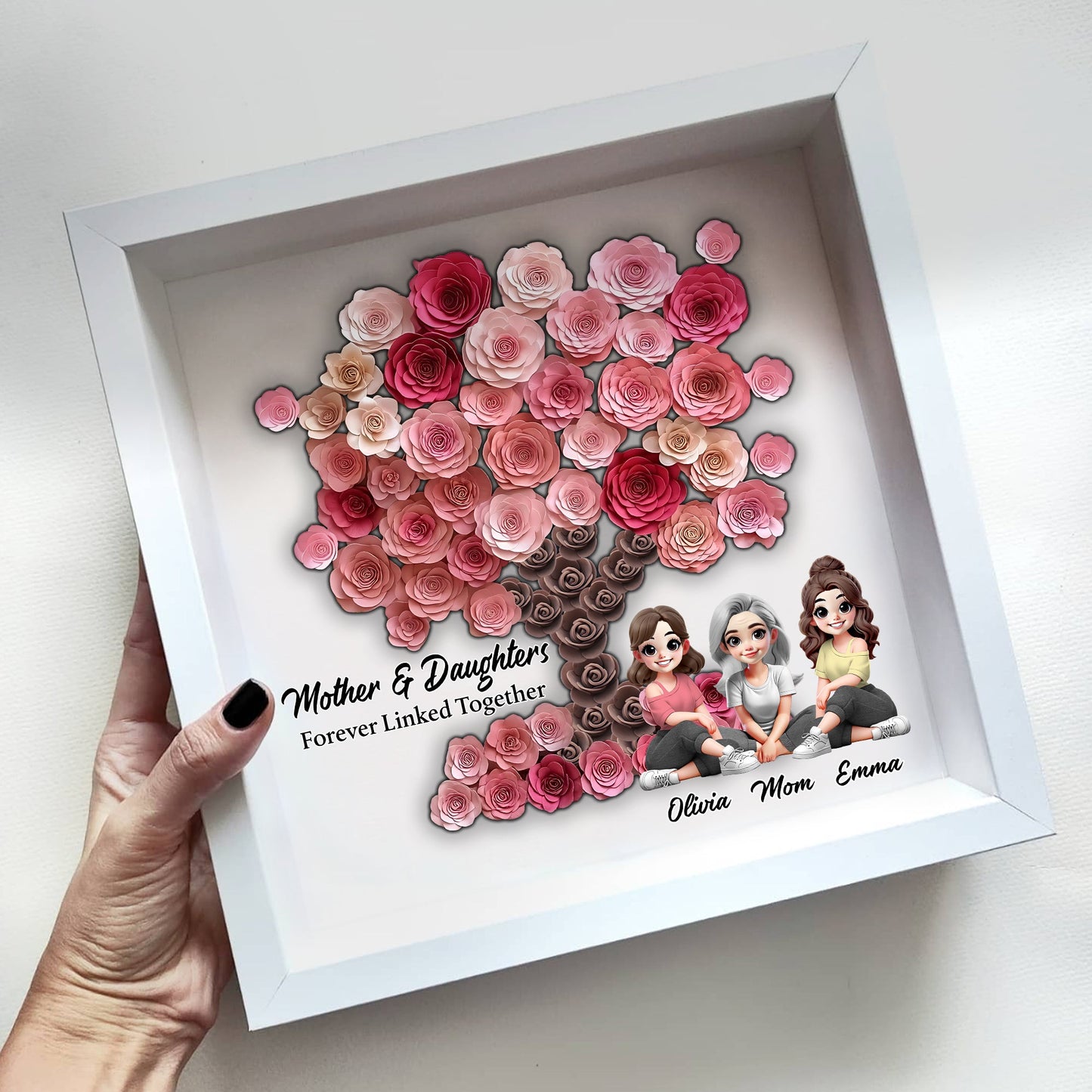 Mother and Daughter Forever Linked Together - Personalized Mother Custom Shaped Flower Shadow Box