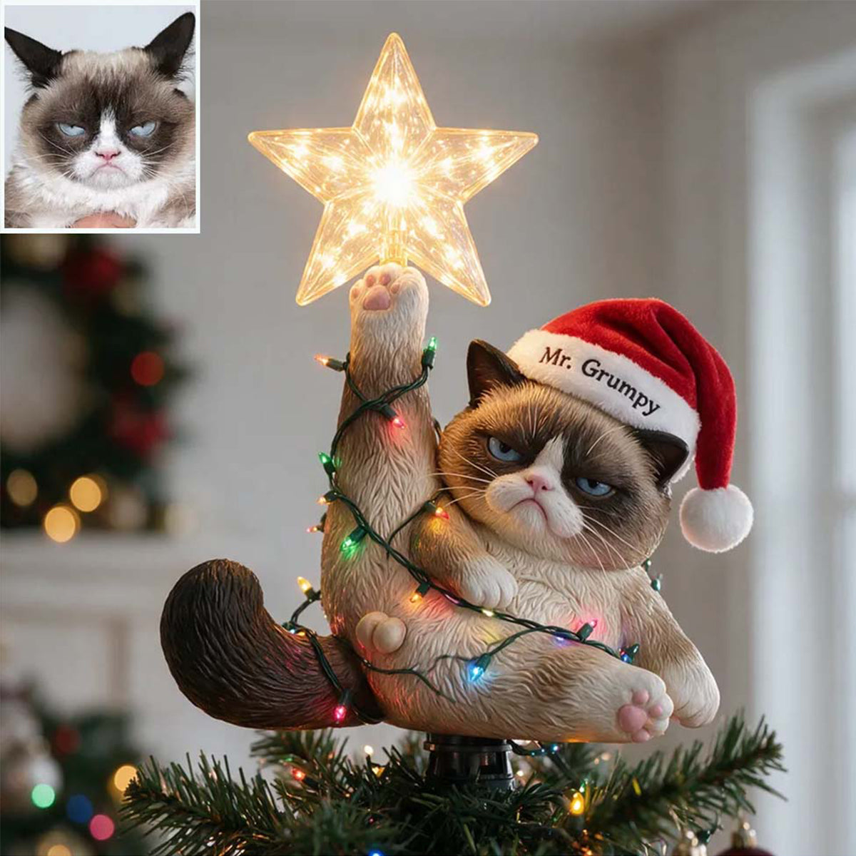 Christmas, Star & Balls - Personalized Cat LED Light Tree Topper