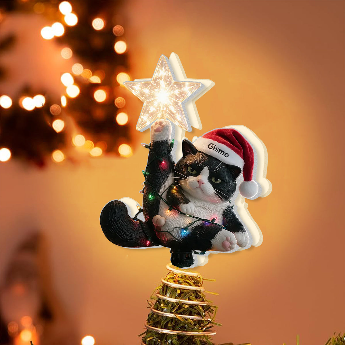 Christmas, Star & Balls - Personalized Cat LED Light Tree Topper