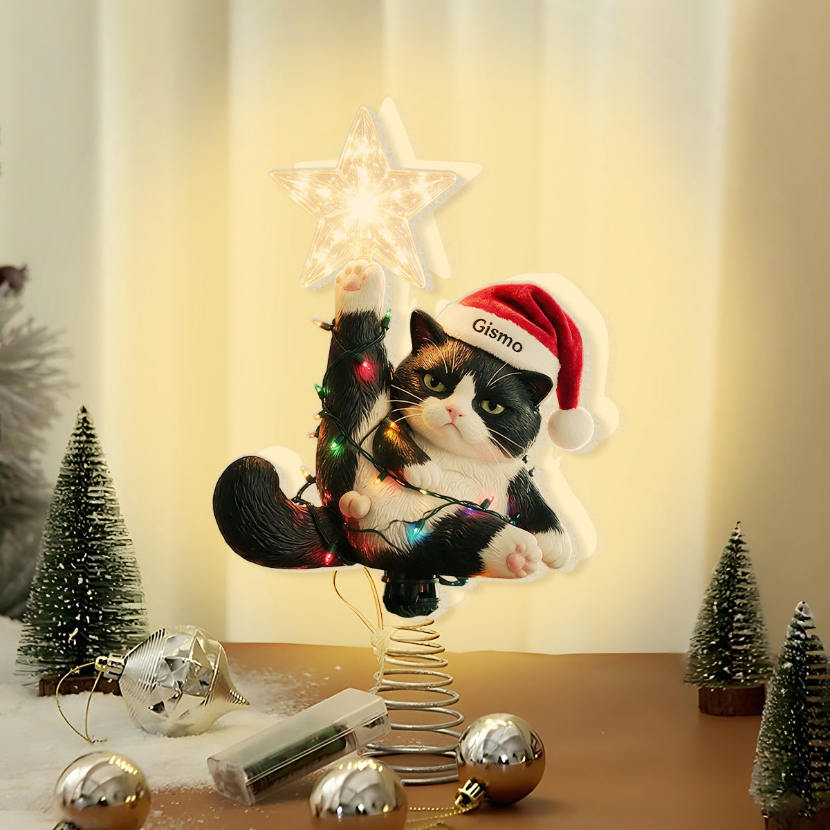 Christmas, Star & Balls - Personalized Cat LED Light Tree Topper