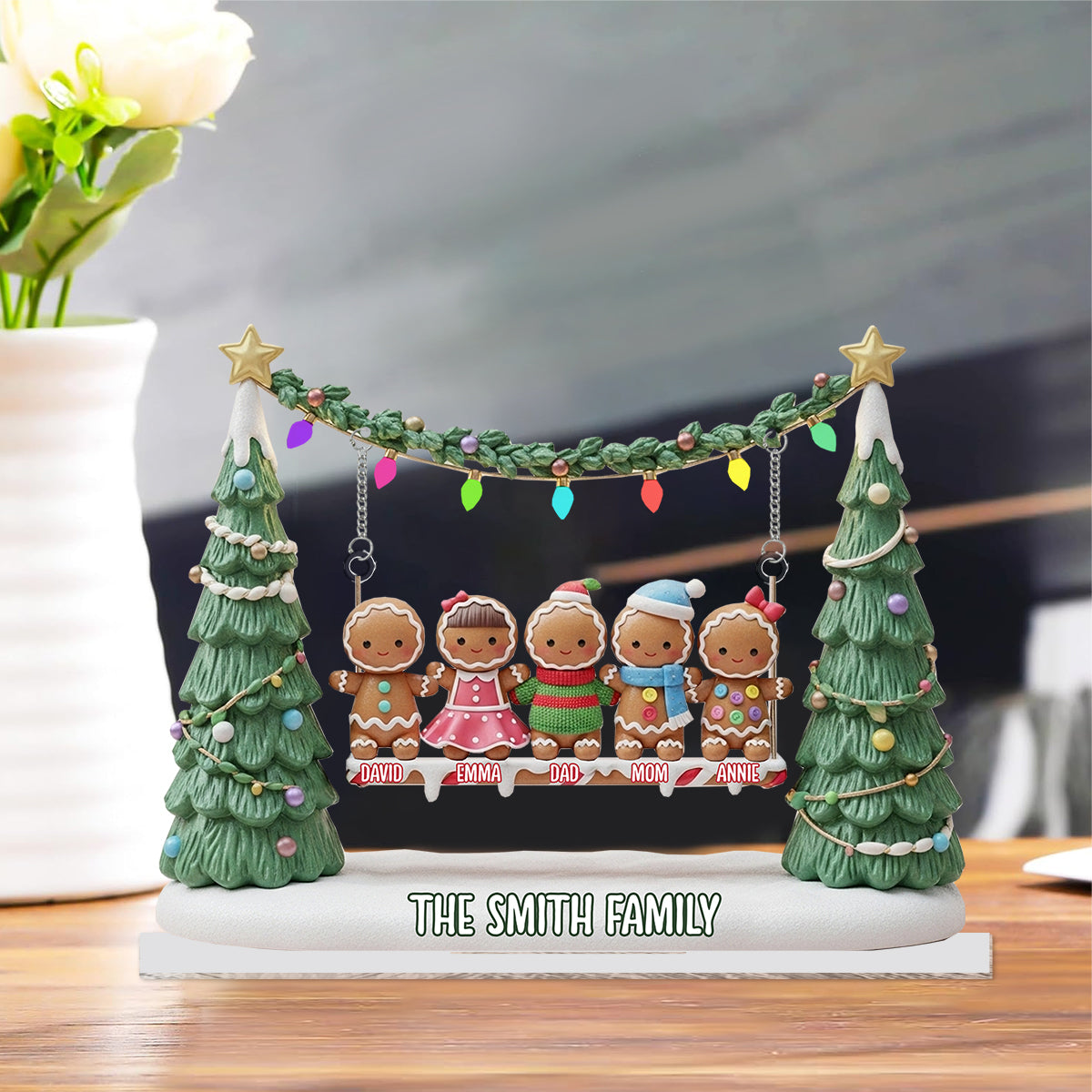 Lebkuchenfamilie – Frohe Weihnachten! – Personalisierte Familienplakette mit Anhänger