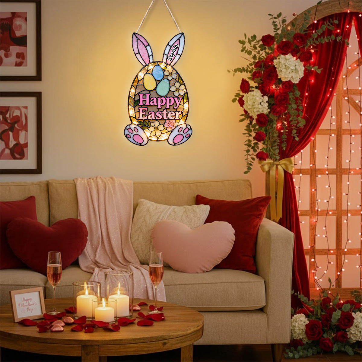 Dekoratives Türschild mit Osterhasenmotiv – Personalisiertes Acryl-Türschild mit LED-Beleuchtung für Ostern