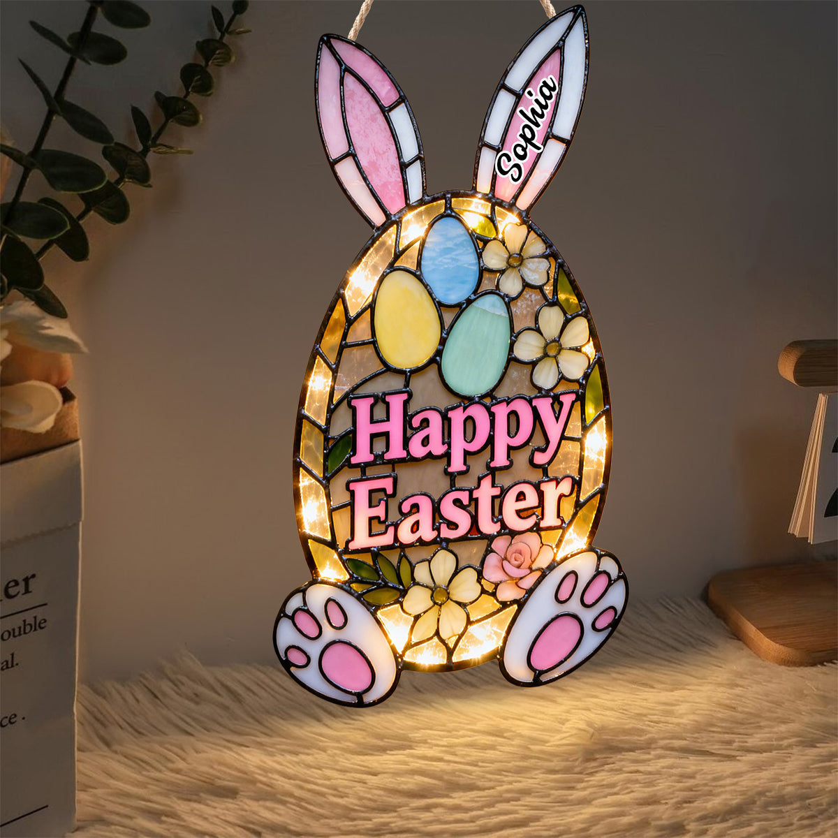 Dekoratives Türschild mit Osterhasenmotiv – Personalisiertes Acryl-Türschild mit LED-Beleuchtung für Ostern