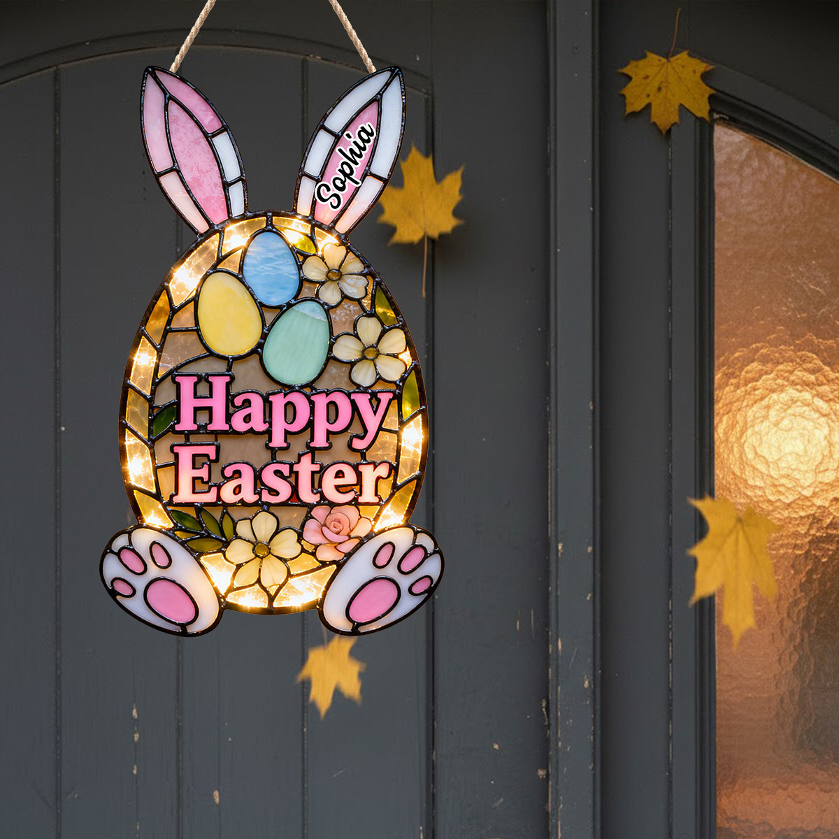 Dekoratives Türschild mit Osterhasenmotiv – Personalisiertes Acryl-Türschild mit LED-Beleuchtung für Ostern