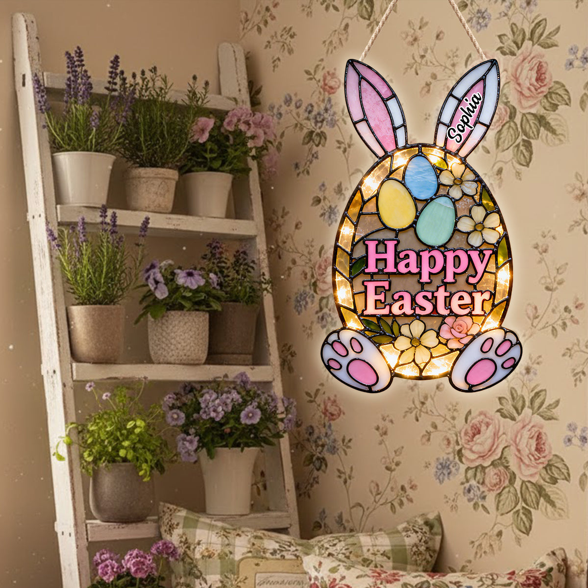 Dekoratives Türschild mit Osterhasenmotiv – Personalisiertes Acryl-Türschild mit LED-Beleuchtung für Ostern