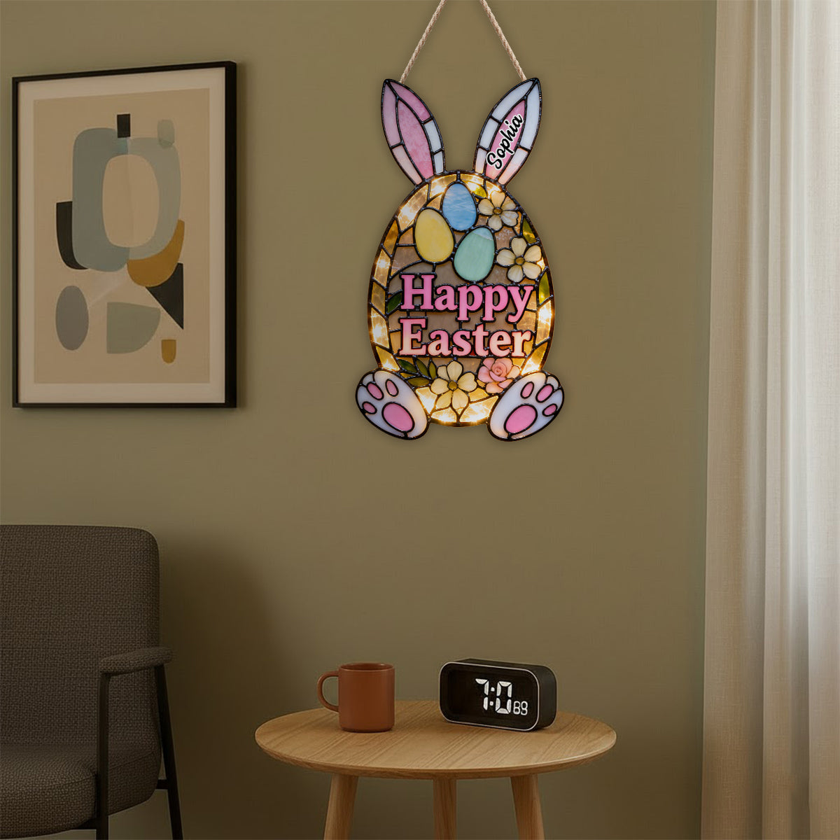 Dekoratives Türschild mit Osterhasenmotiv – Personalisiertes Acryl-Türschild mit LED-Beleuchtung für Ostern
