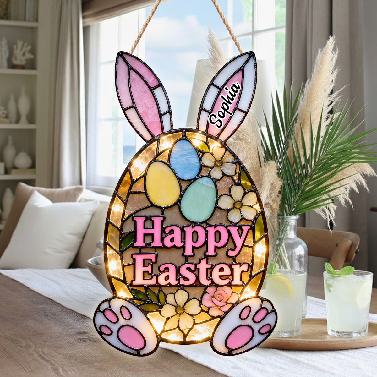 Dekoratives Türschild mit Osterhasenmotiv – Personalisiertes Acryl-Türschild mit LED-Beleuchtung für Ostern