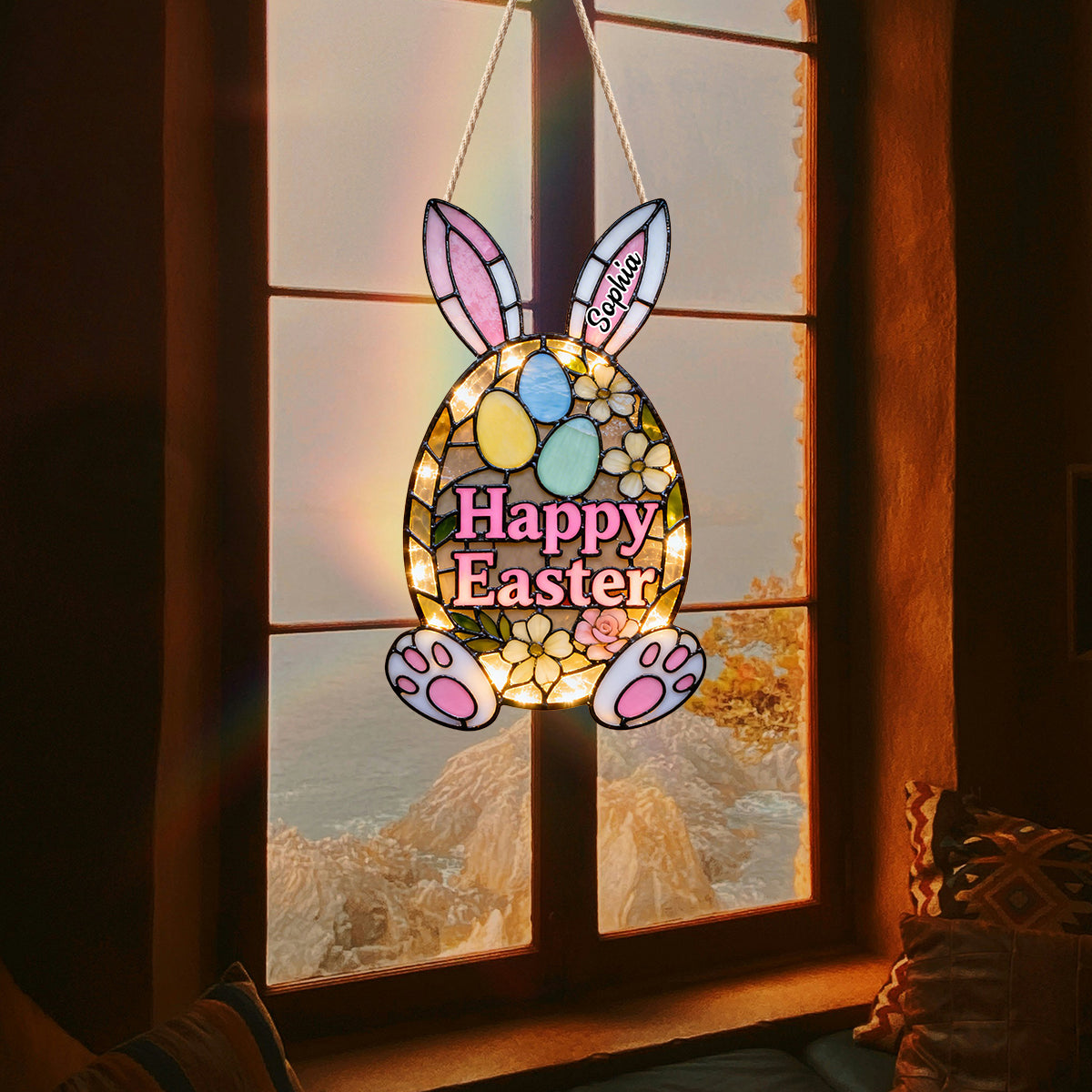 Dekoratives Türschild mit Osterhasenmotiv – Personalisiertes Acryl-Türschild mit LED-Beleuchtung für Ostern