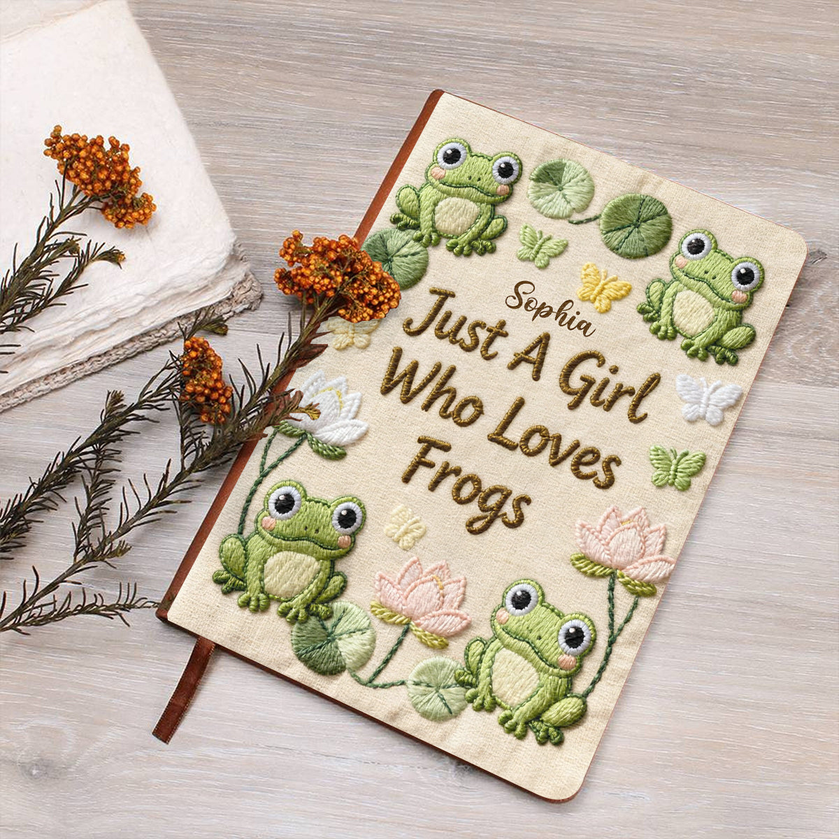 Carnet en cuir personnalisé « Juste une fille qui aime les grenouilles »