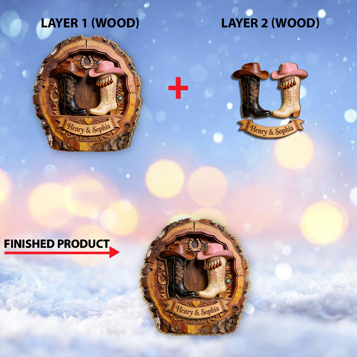 Du & Ich - Personalisierte Western-Outfit 2-lagiges Holzschild / Holzplatte