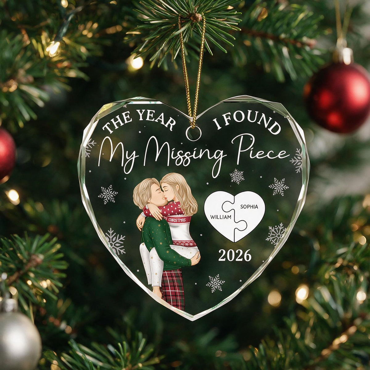 Personalized Christmas Couple Heart Shaped Glass Ornament - Found My Missing Piece Keepsake Gift
