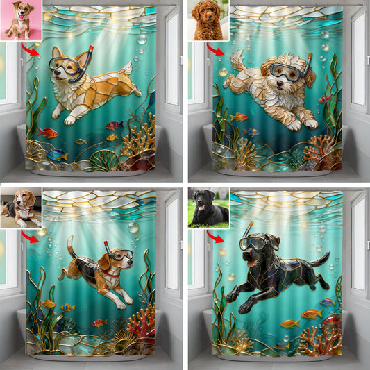 Tauchen zum Strand – Personalisierter Hundebadezimmervorhang & -matten-Set