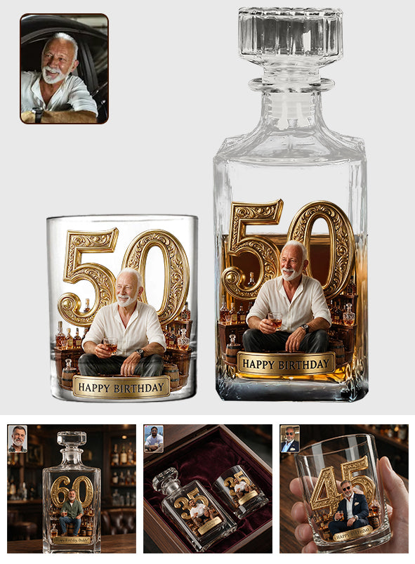 Geburtstagsgeschenk für ihn - Individuell aus jedem Foto - Personalisierte Whiskey Dekanter Set