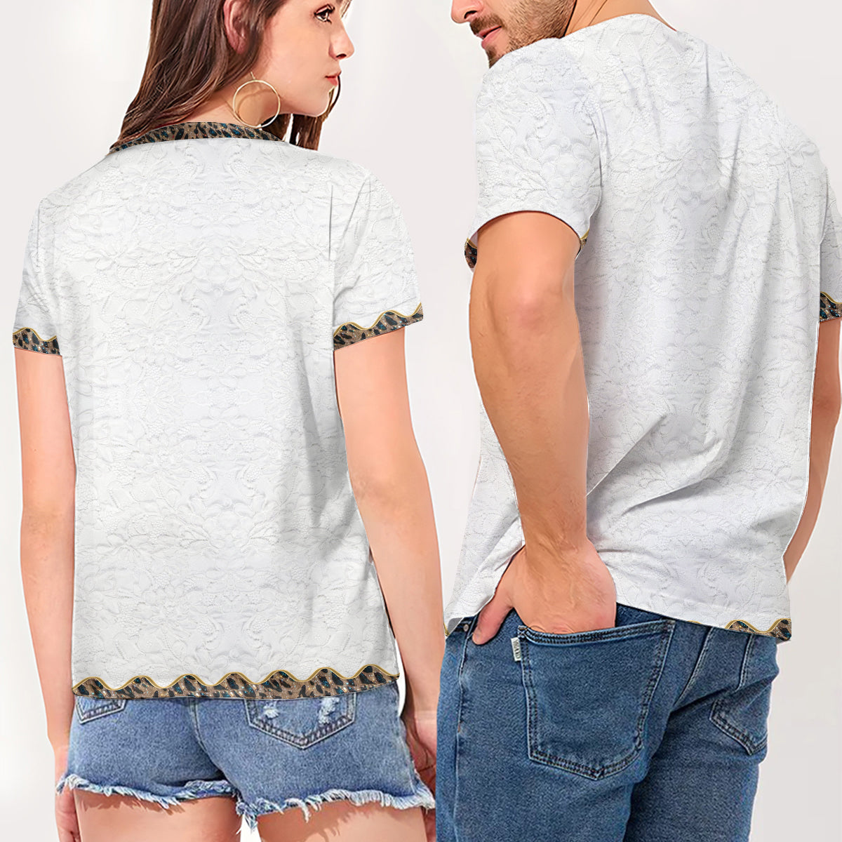 Verrückte Hühnerlady – Personalisiertes T-Shirt mit V-Ausschnitt und vollflächigem Hühneraufdruck