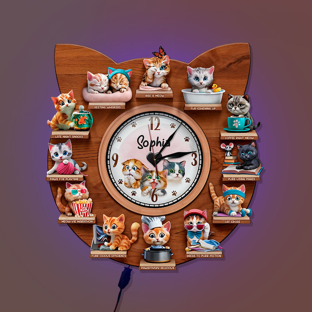 Der perfekte Tag – Personalisierte LED-Wanduhr mit Katzenmotiv