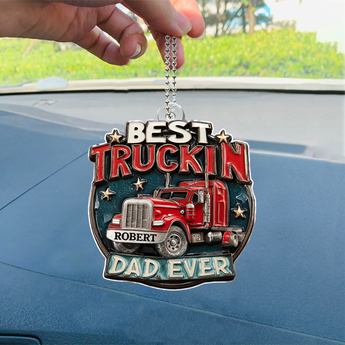 Meilleur papa routier du monde - Ornement de voiture personnalisé en forme de camionneur