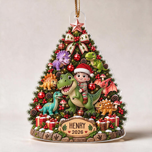 Personalized Christmas Kid & Dinosaur Christmas Tree Acrylic Ornament, Dinosaur Lover Gift