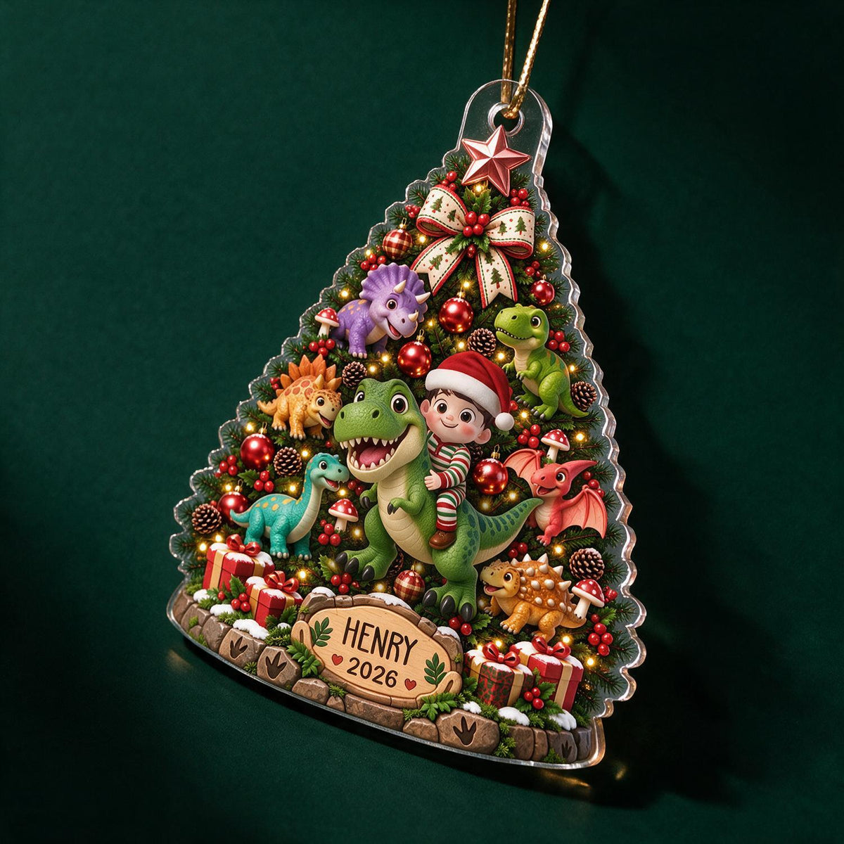 Personalized Christmas Kid & Dinosaur Christmas Tree Acrylic Ornament, Dinosaur Lover Gift