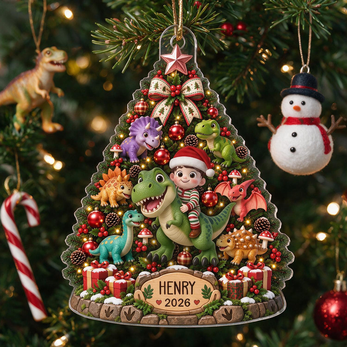 Personalized Christmas Kid & Dinosaur Christmas Tree Acrylic Ornament, Dinosaur Lover Gift