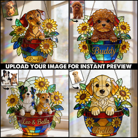 Cute Pet And Flowers - Personalized Dog Window Hanging Suncatcher Ornament