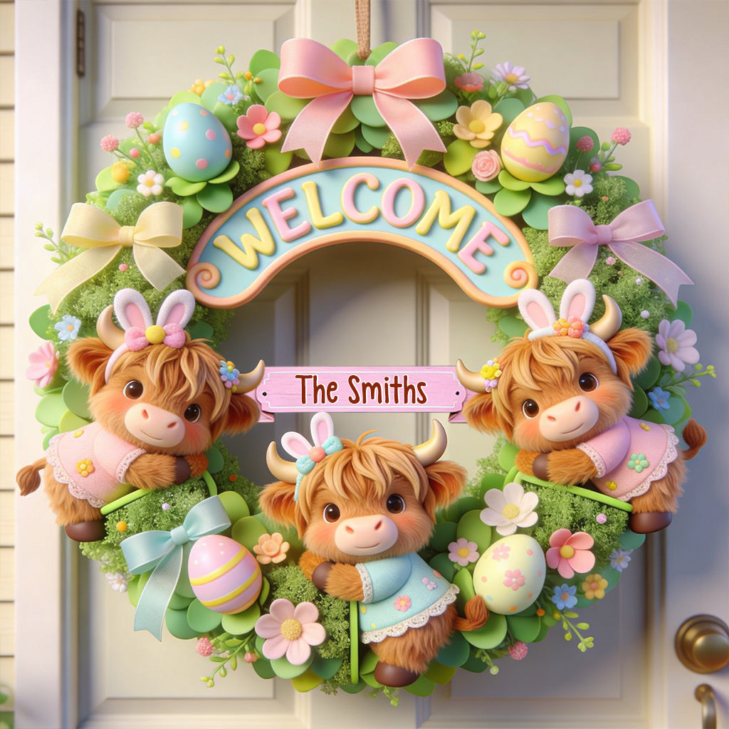 Frohe Ostern! Niedliches Hochlandrind – personalisiertes Holzschild in individueller Hochlandrinderform