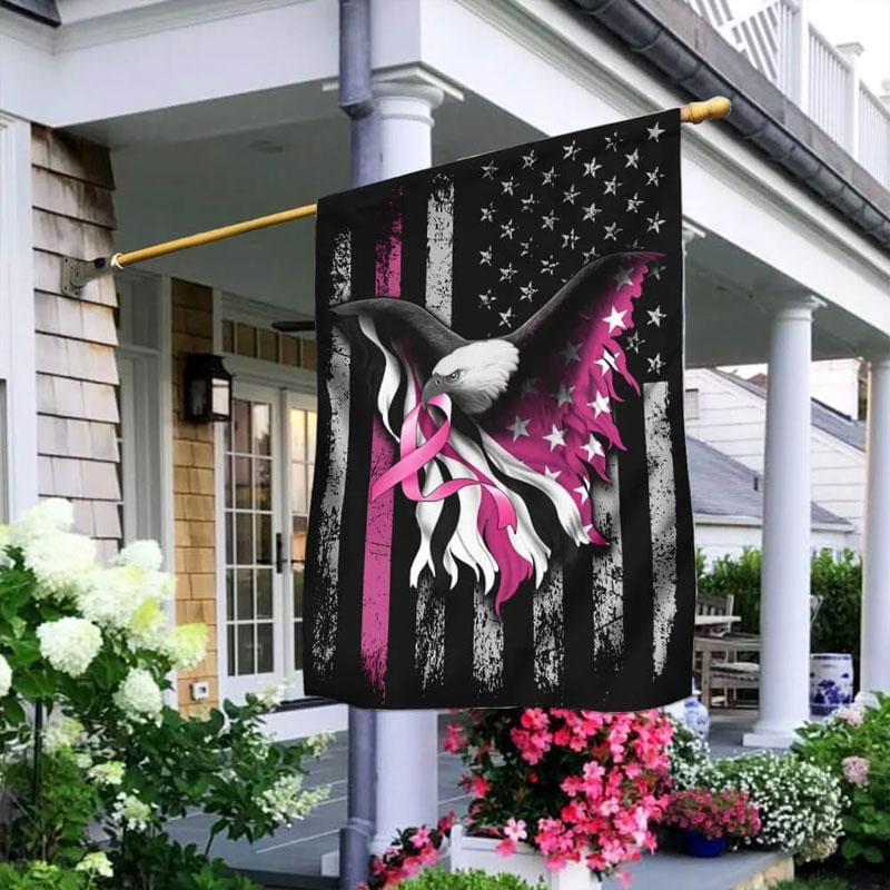 Amerikanische Flagge mit Adler, Stern und rosa Schleife – Hausflagge zur Sensibilisierung für Brustkrebs 0822