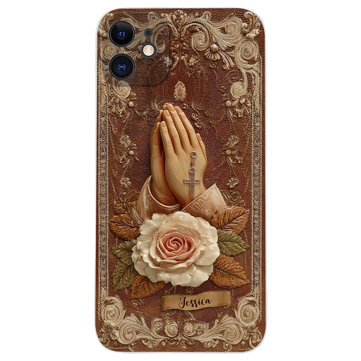Praying Hands With Roses - Personalized Christian Leather Phone Case