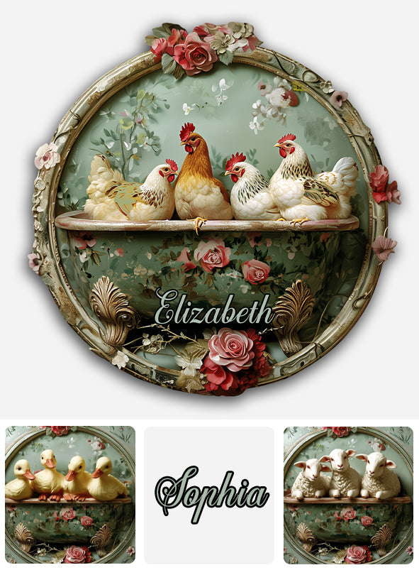 Bauernhoftiere mit Blumenmotiven – personalisiertes Metallschild im Bauernstil