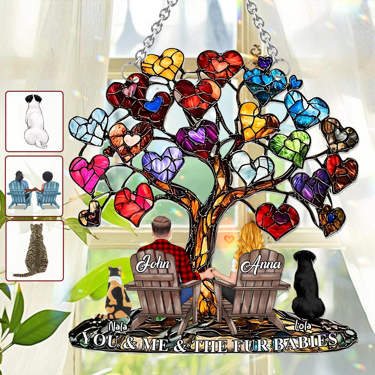 You And Me And The Fur Babies - Personalized Couple Window Hanging Suncatcher Ornament
