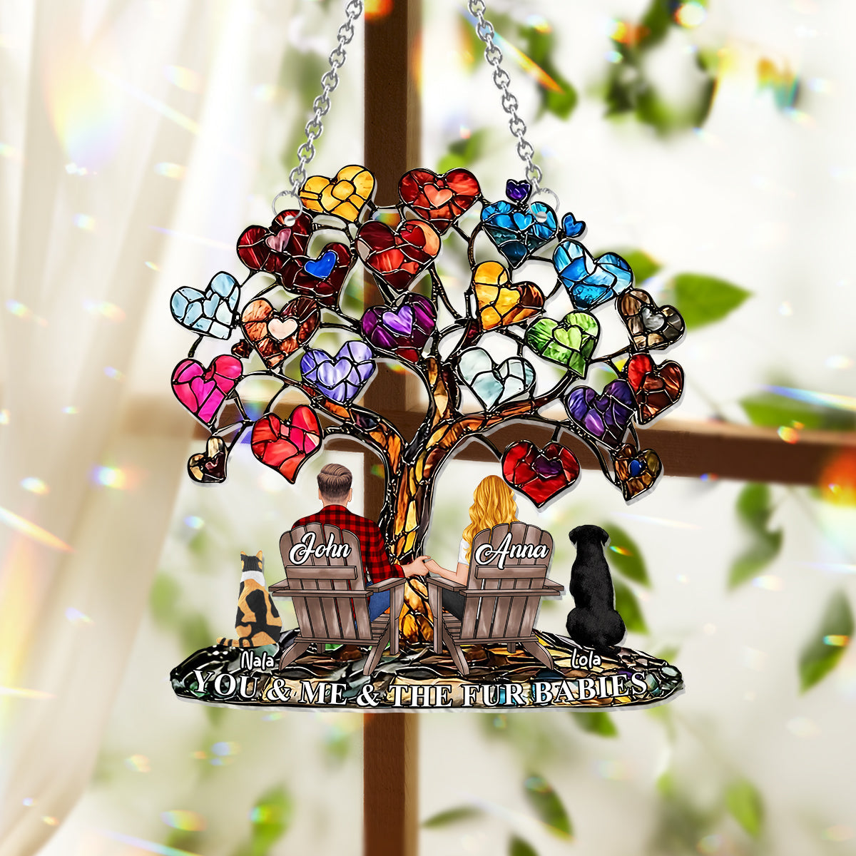You And Me And The Fur Babies - Personalized Couple Window Hanging Suncatcher Ornament