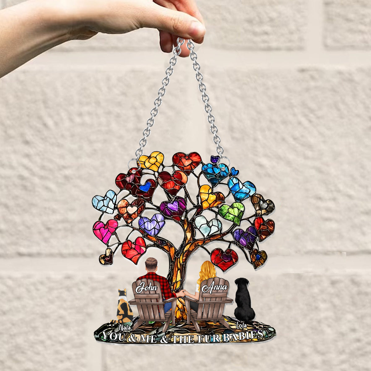 You And Me And The Fur Babies - Personalized Couple Window Hanging Suncatcher Ornament