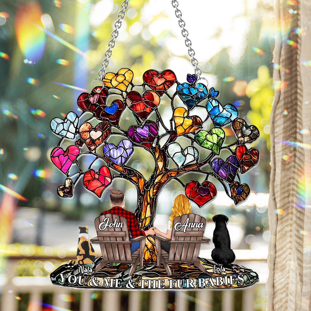 You And Me And The Fur Babies - Personalized Couple Window Hanging Suncatcher Ornament