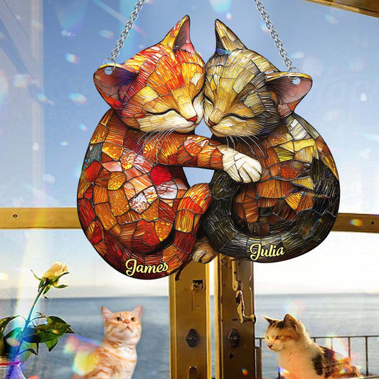 Cute Cat Couple - Personalized Cat Window Hanging Suncatcher Ornament