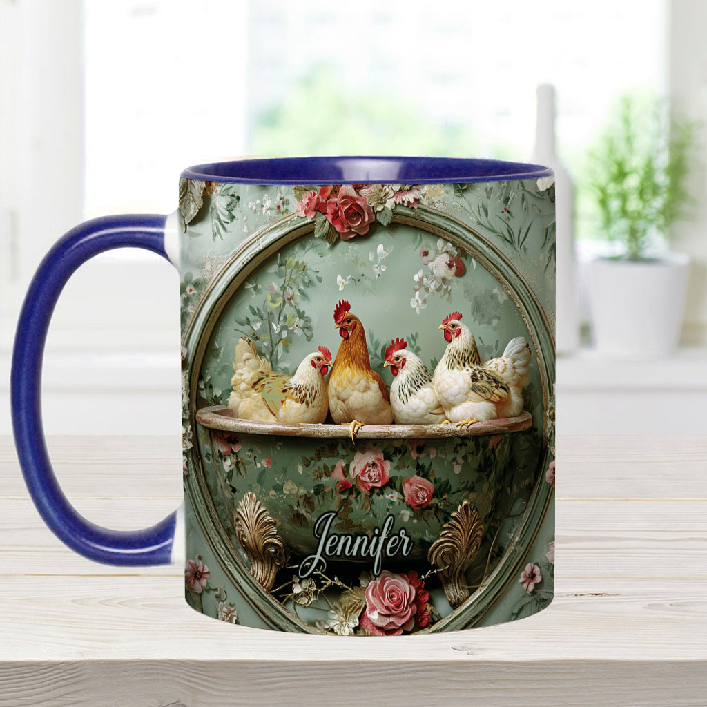 Vintage-Tasse mit Blumenmuster und Hühnermotiv – personalisierte Tasse mit Hühnermotiv