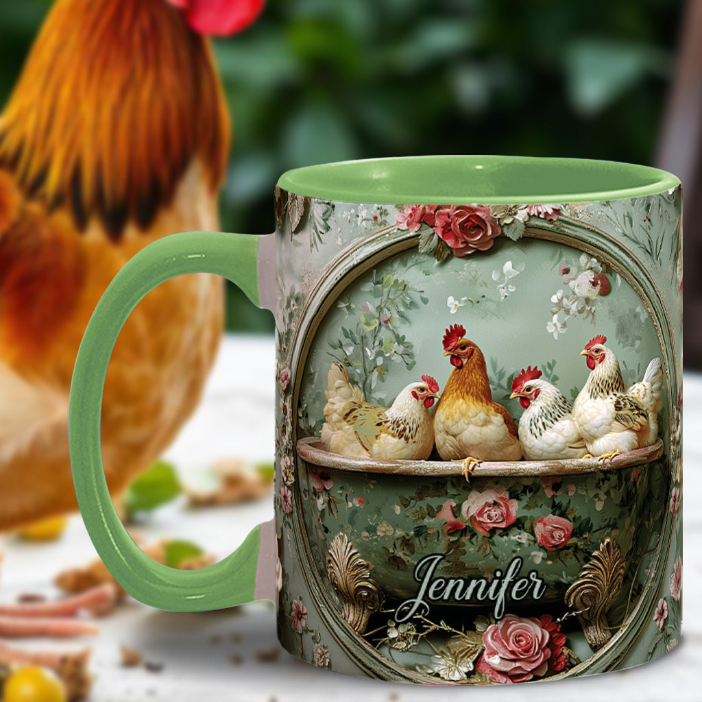 Vintage-Tasse mit Blumenmuster und Hühnermotiv – personalisierte Tasse mit Hühnermotiv